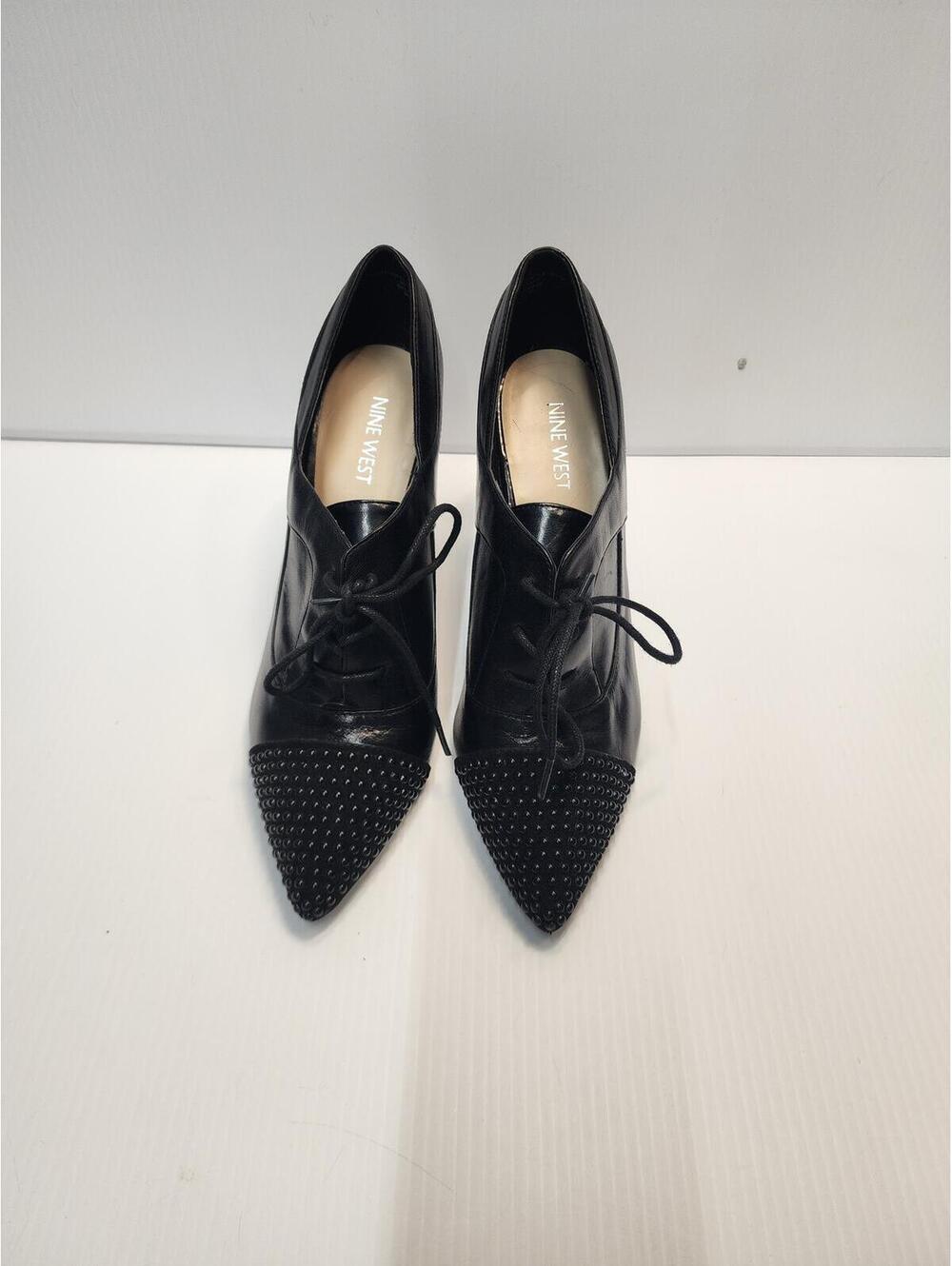 Size 8.5 Nine West Black Leather Studded Pointed Toe Lace-Up Heels